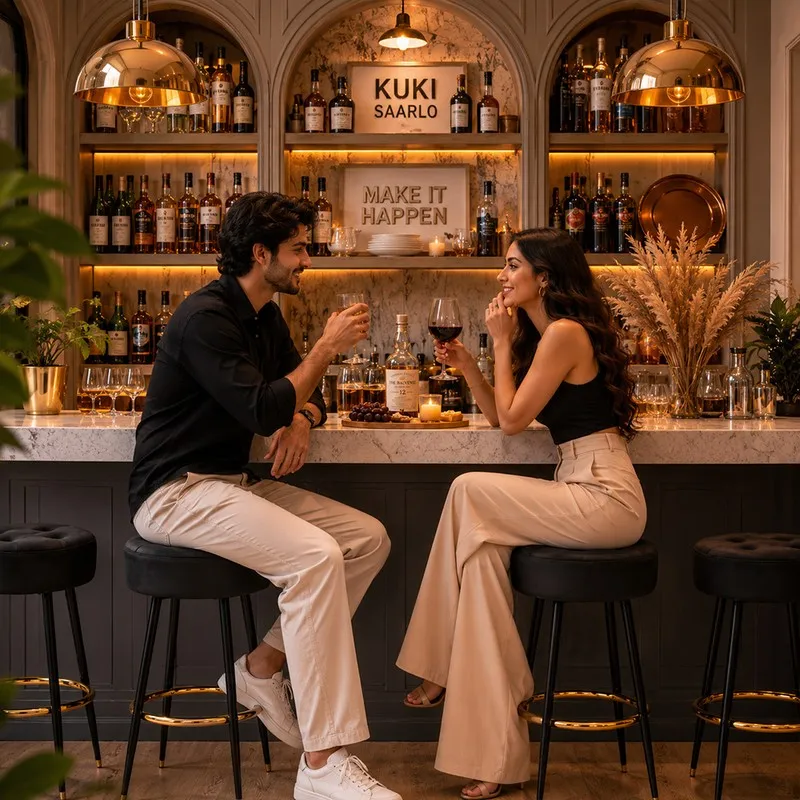 Black round bar stools placed at a bar counter