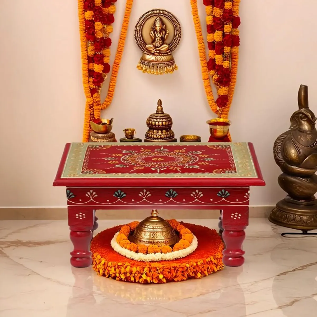 Red painted wooden stool with traditional motif placed in a festive prayer setting