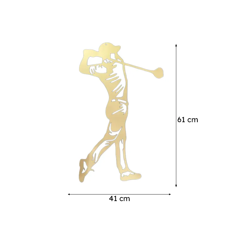 Gold golfer wall accent with arrows showing 61 cm height and 41 cm width