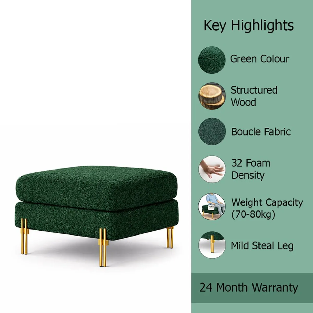 Green ottoman with gold legs shown alongside visible product highlights