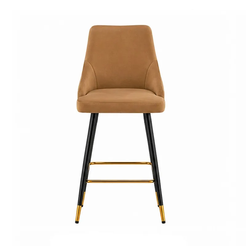 Front view of a brown upholstered bar chair with black legs and gold-toned accents