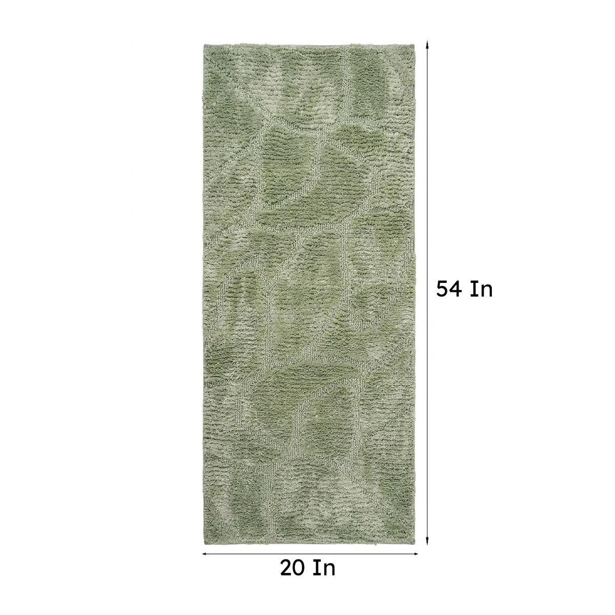 Green runner rug shown with dimension markers for length and width