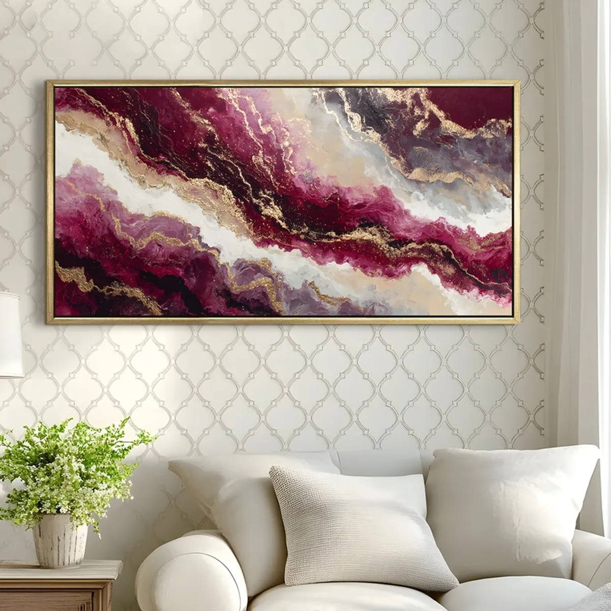 Gold-framed abstract wall painting in purple and white on a patterned wall