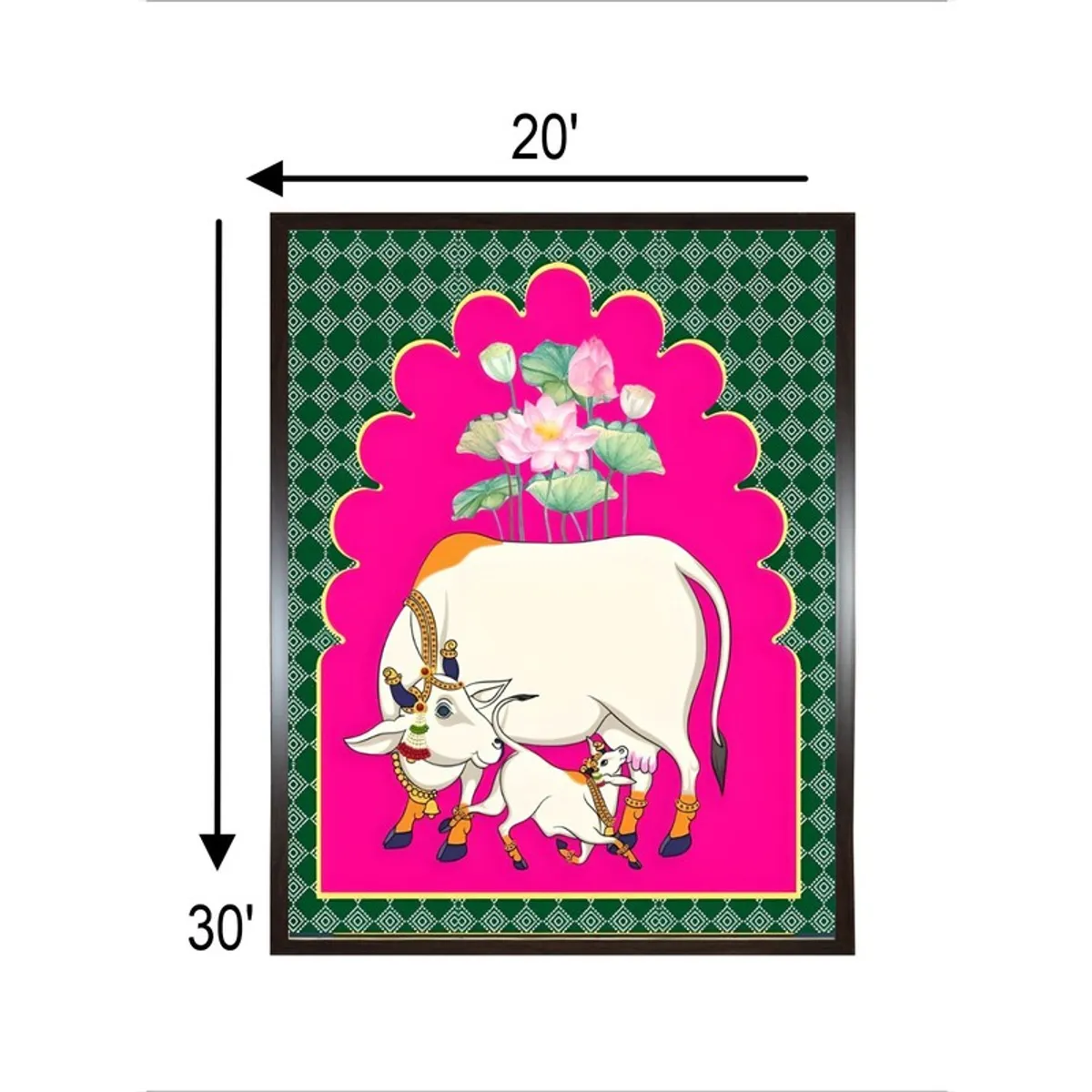Framed mother calf lotus wall painting with size illustration