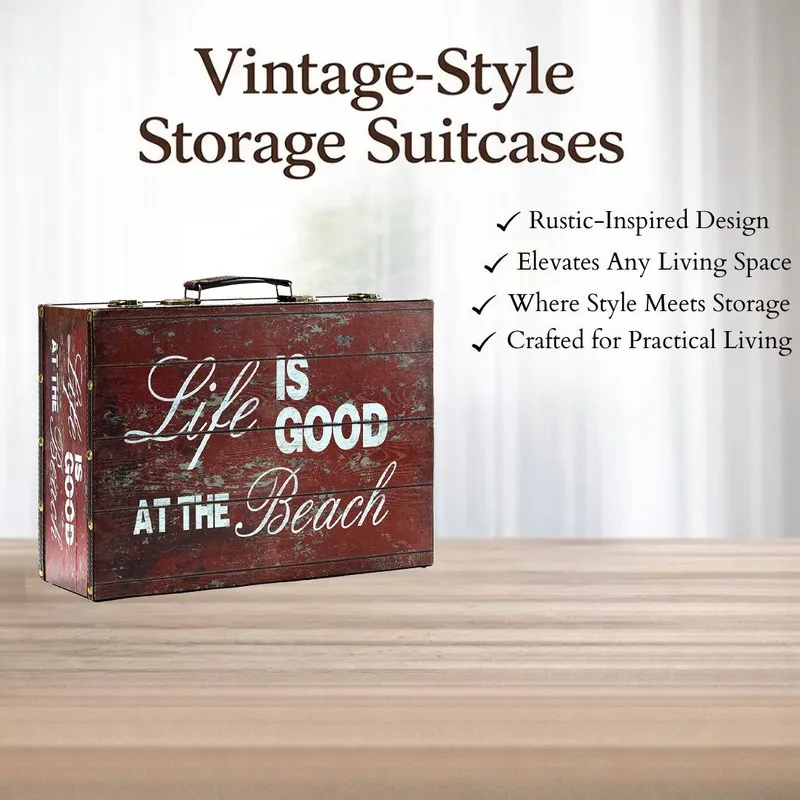 Vintage-style suitcase storage box with rustic printed finish
