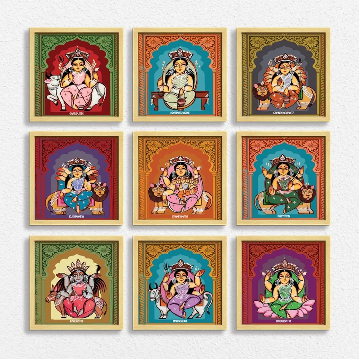 Nine square framed illustrations of Goddess Durga arranged against a white textured wall