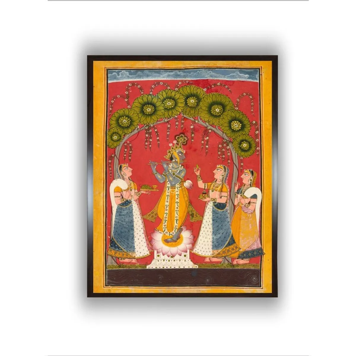 Front view of rectangular Krishna devotees framed painting with vivid multicolour scene