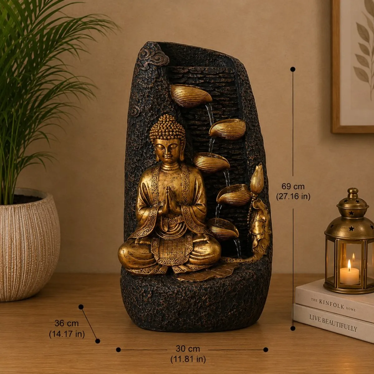 Black and gold Buddha water fountain shown in a warm interior setting