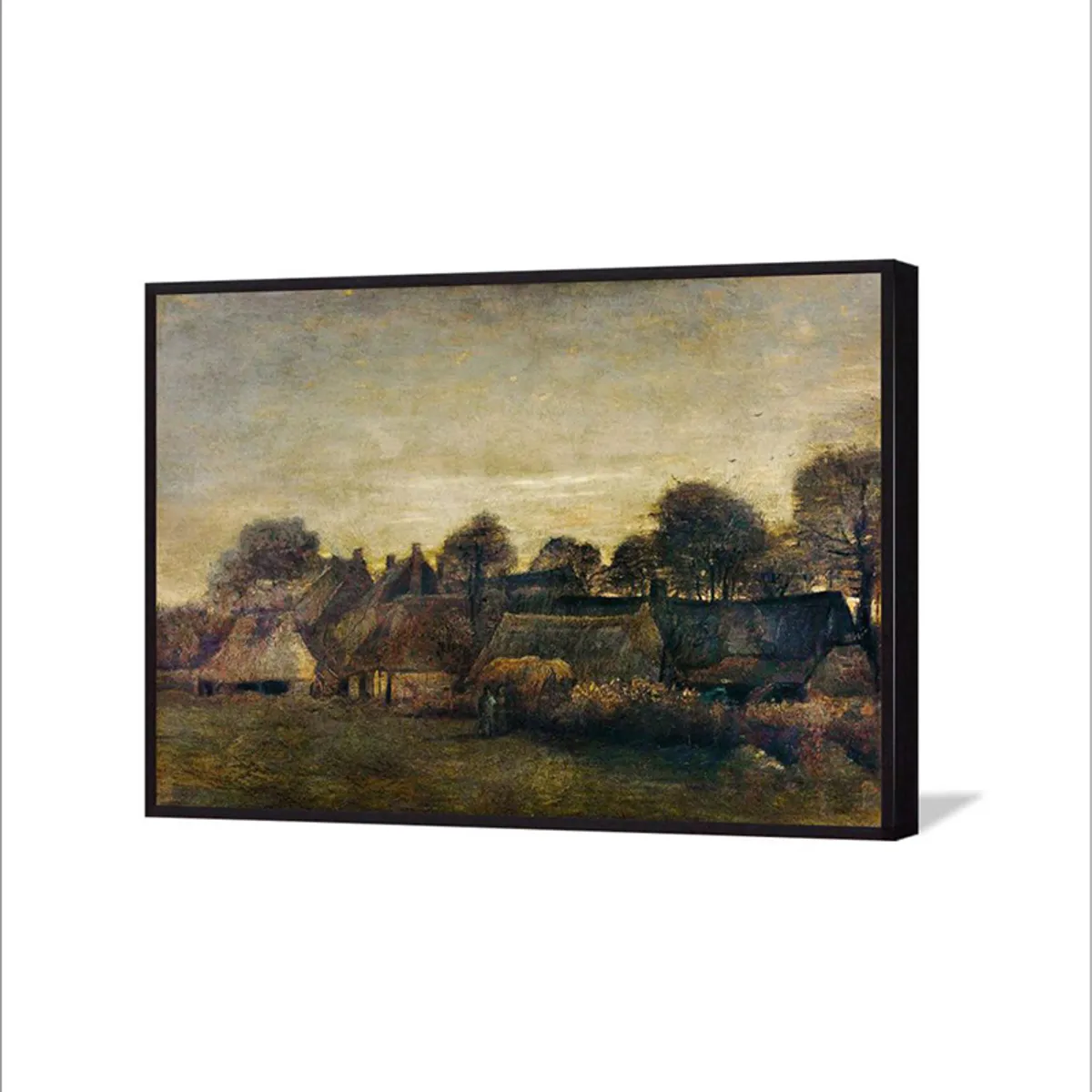 Angled view of framed farmhouse landscape canvas wall painting