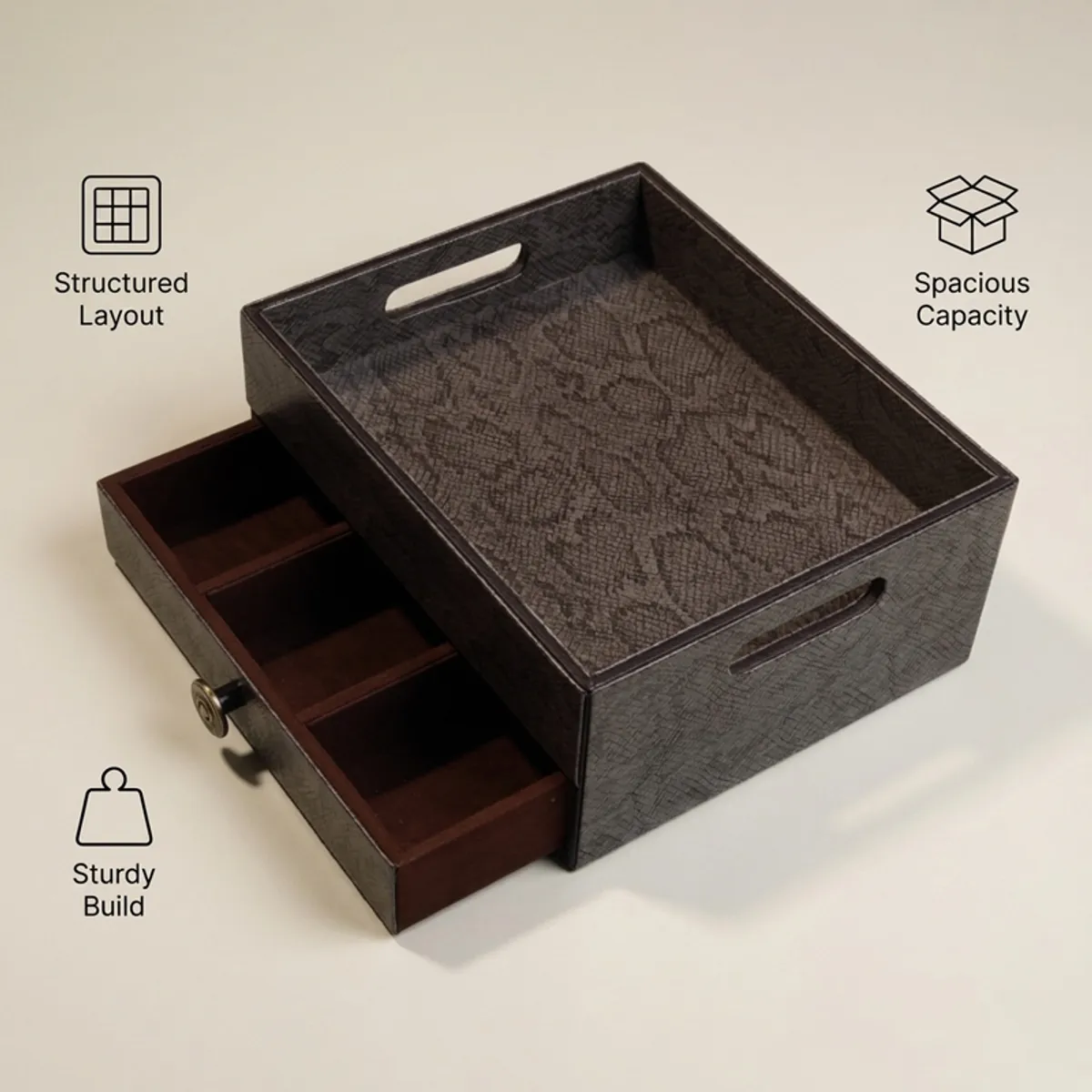 Close view of the brown-black organiser showing its tray and drawer compartments