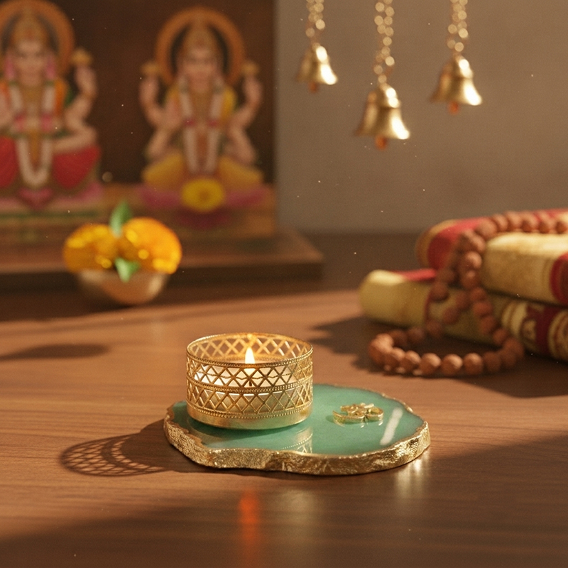 Om Handcrafted Agate Tealight Candle Holder - Green