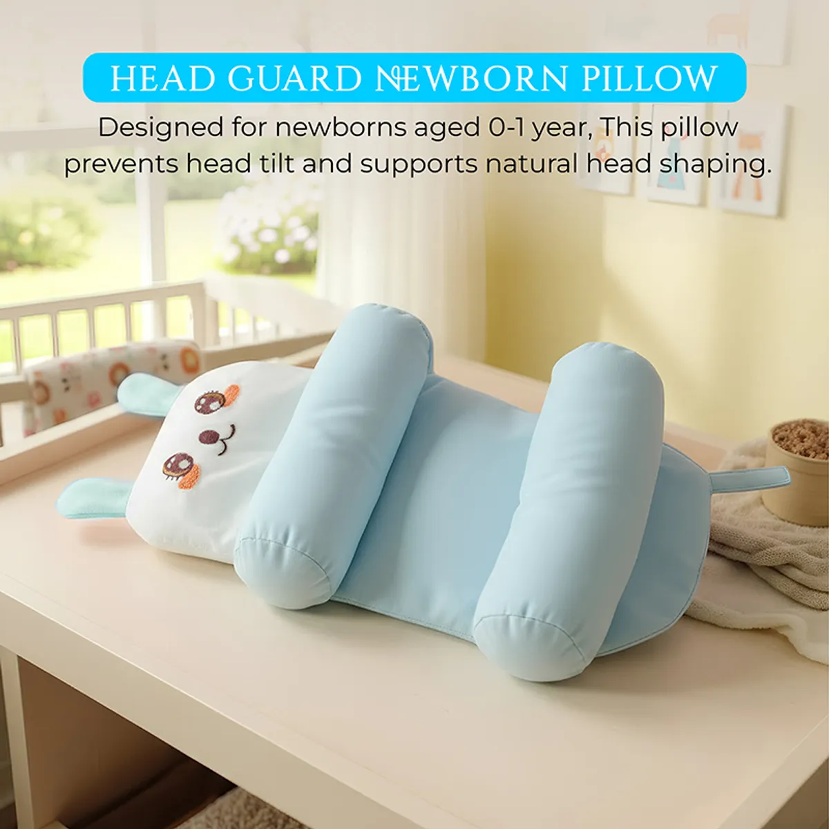 Blue baby head guard pillow with raised side rolls on a nursery table