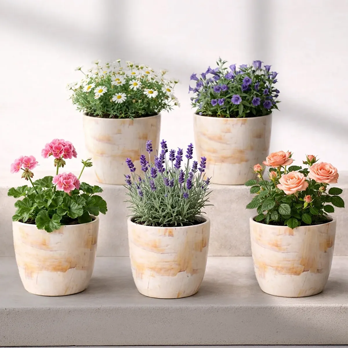 Five off-white cylindrical planters arranged with assorted flowering plants