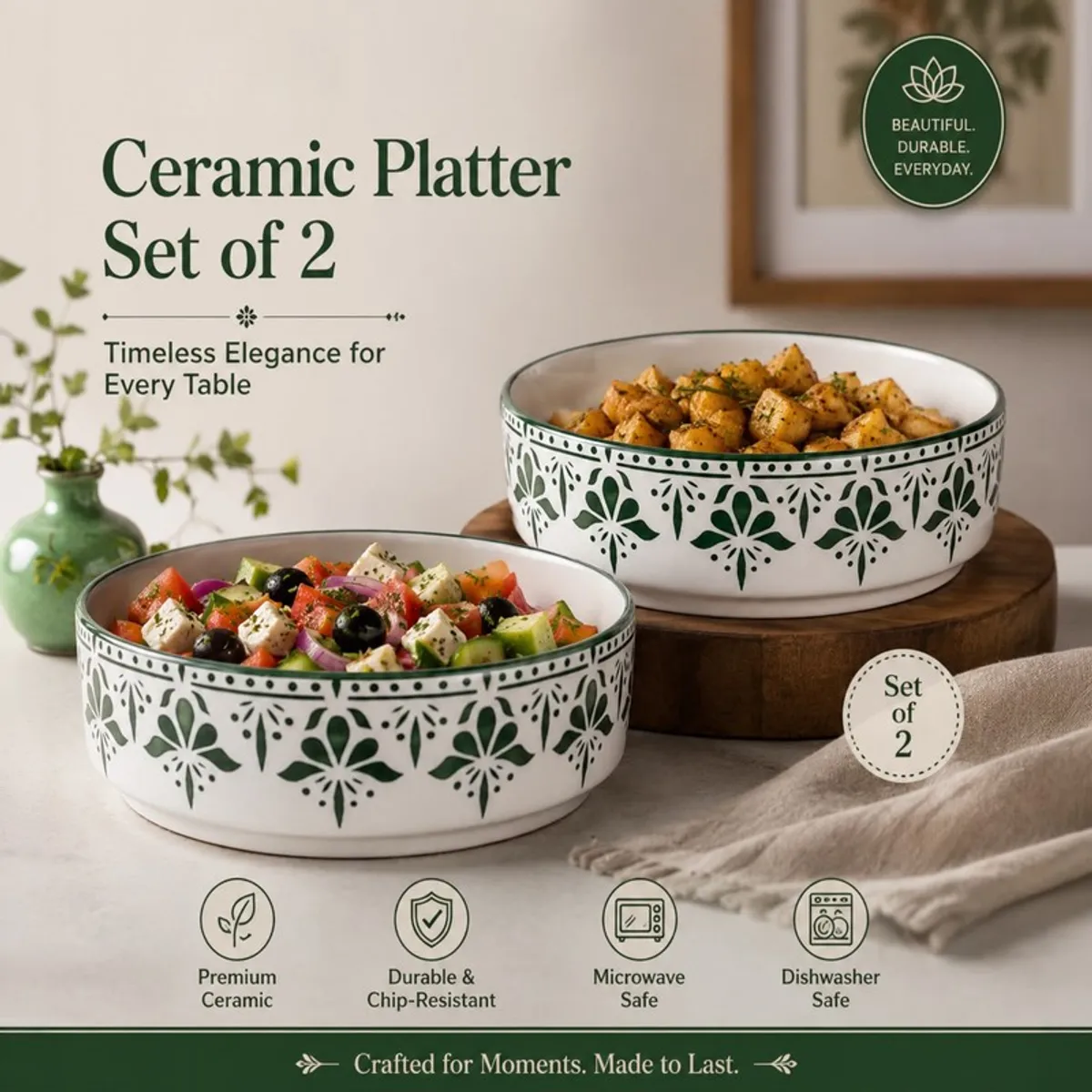 Two matching green floral ceramic bowls displayed with serving food