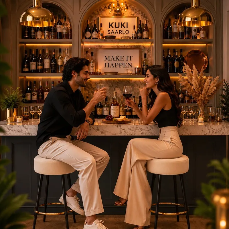 Two off-white round bar stools placed at a bar counter