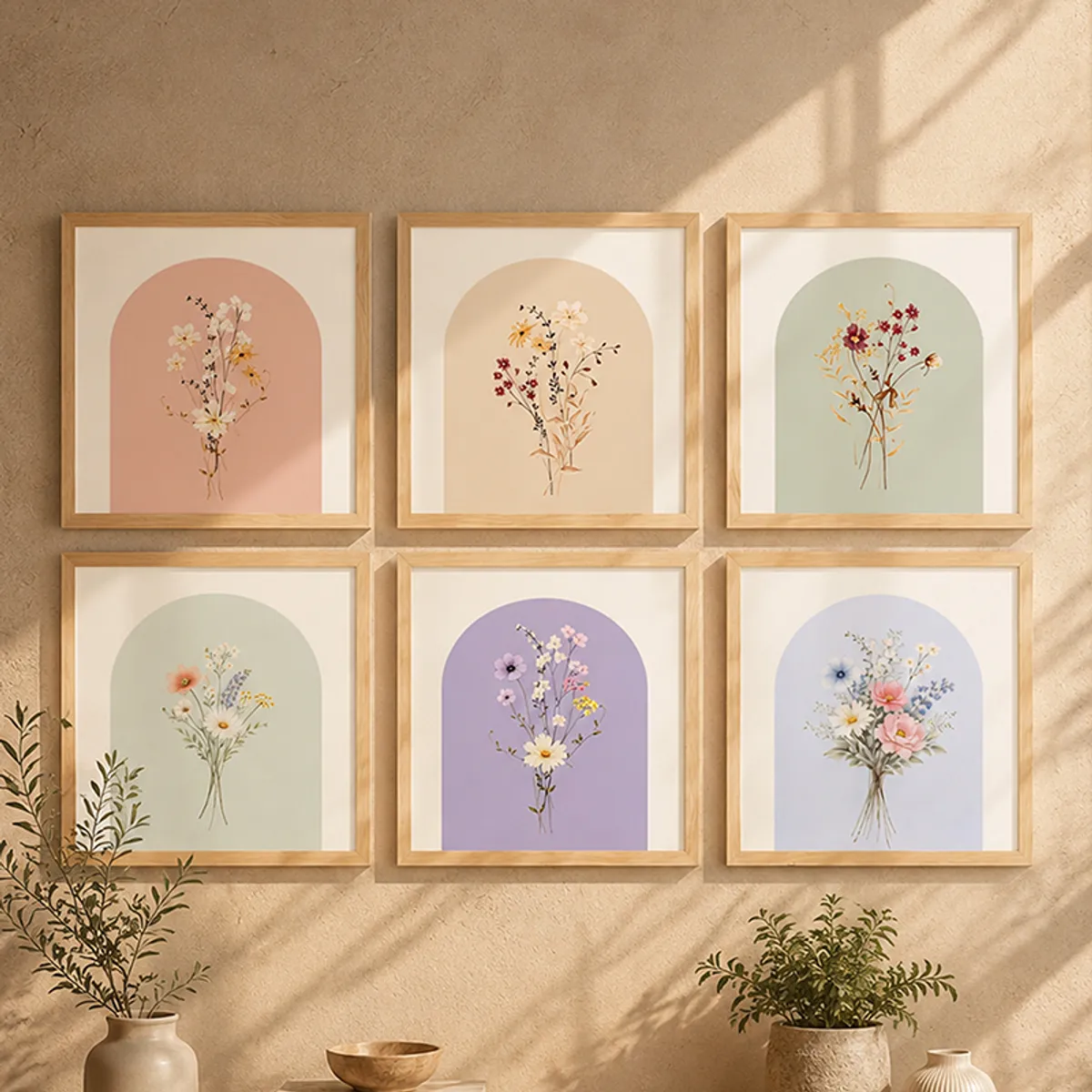 Six square framed floral prints with pastel arch backgrounds on a beige wall