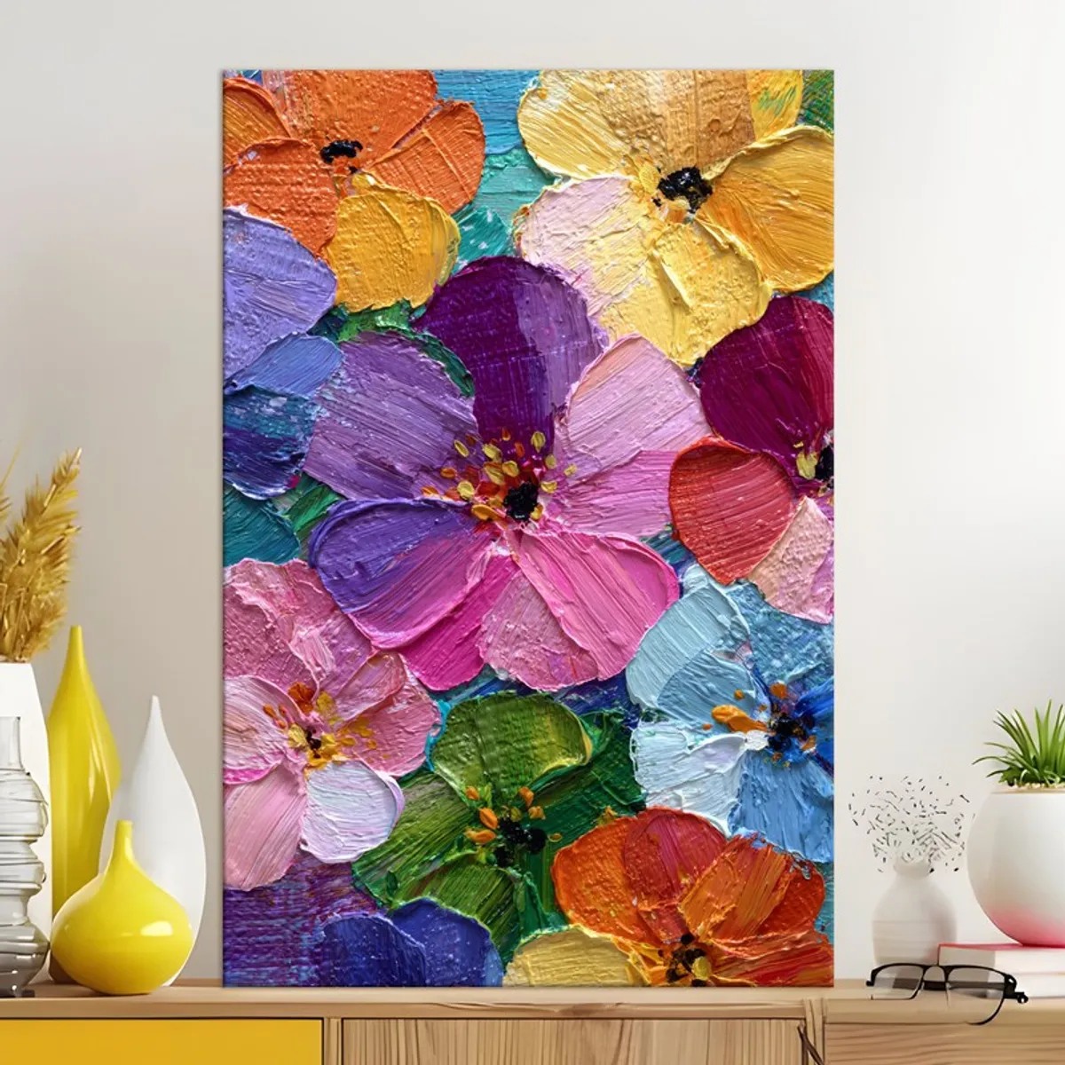 Floral gallery-wrapped canvas painting styled above a wooden console