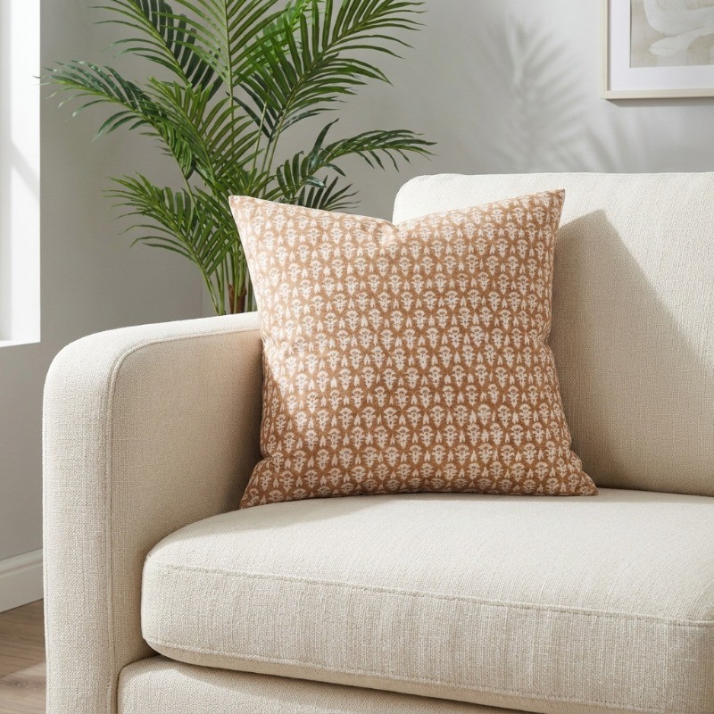 Rosara Printed Cotton Cushion Cover - White,Orange