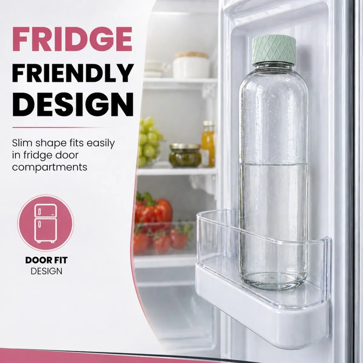 Transparent glass water bottle standing in a refrigerator door compartment.