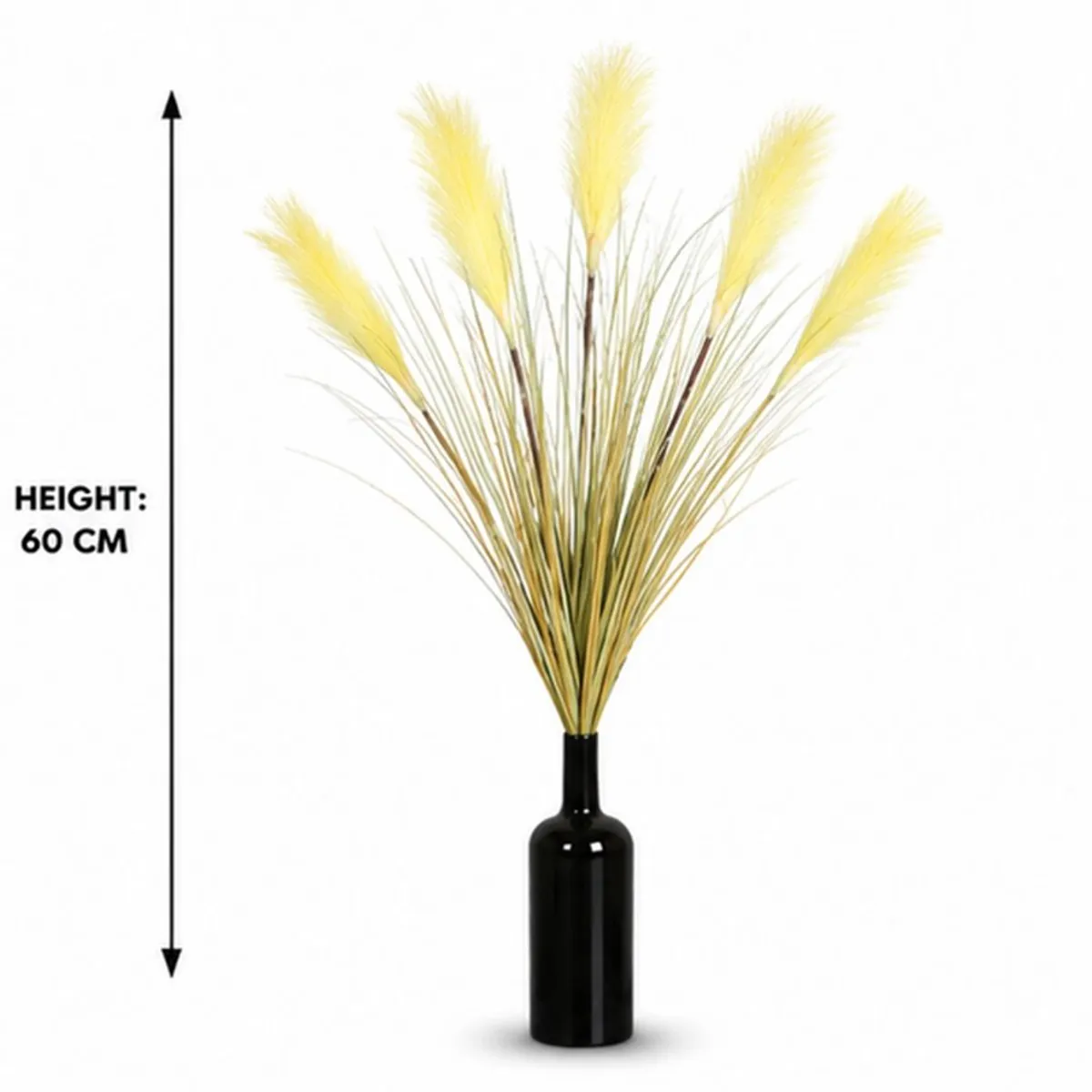 Yellow pampas-style artificial bouquet displayed in a black bottle-shaped vase