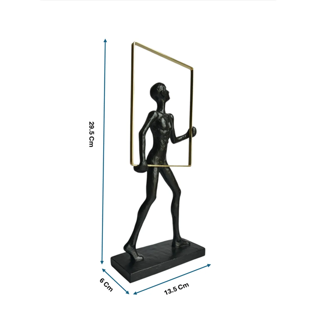 Black abstract figurine with visible height and base measurements