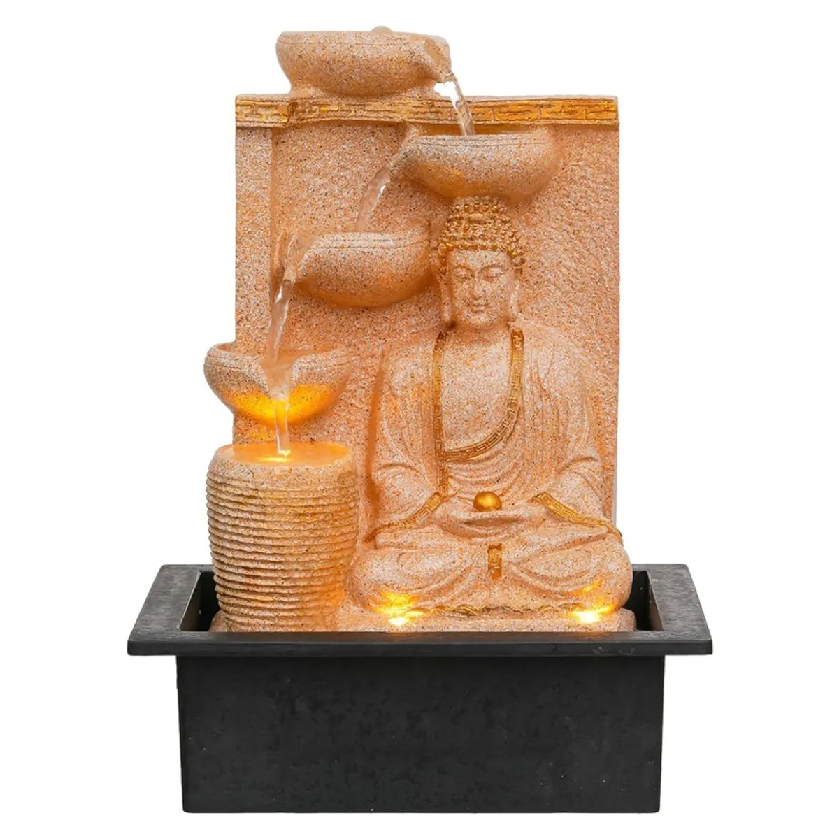 Front product shot of ivory Buddha fountain with black reservoir base