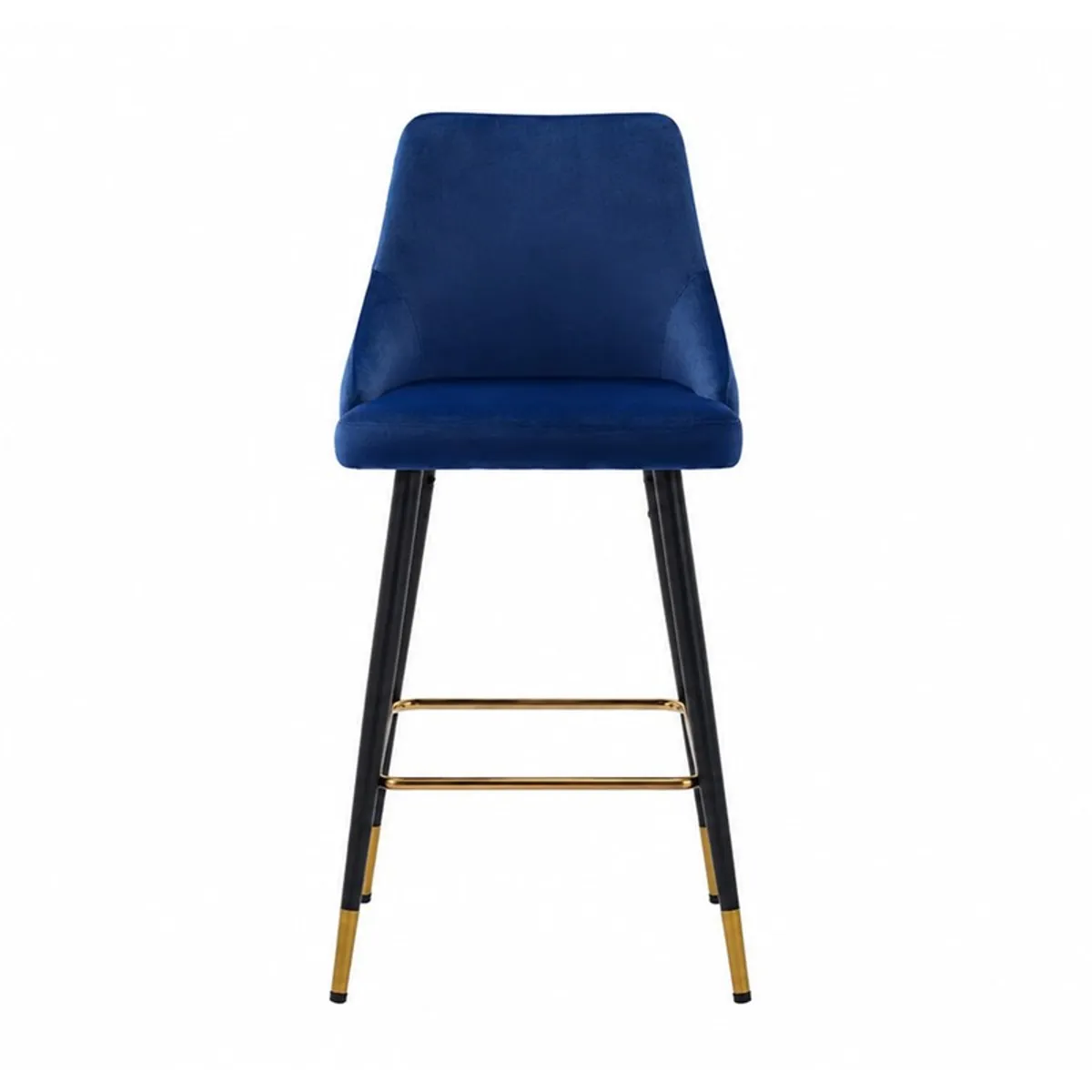 Front view of a blue velvet bar chair with black legs and gold footrest