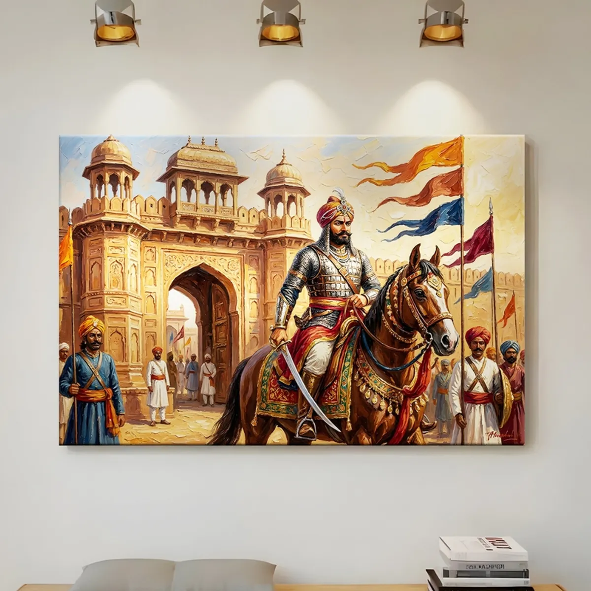 Mounted Rajput warrior artwork displayed on a wall above a bed