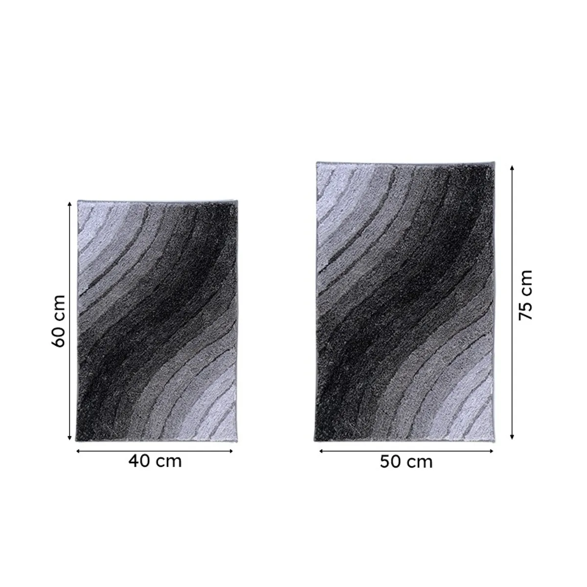 Grey bath mat shown in two rectangular size options with wave pattern