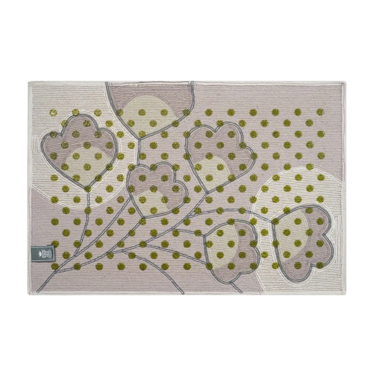 Top view of the rectangular bath mat with floral motifs and dotted detail