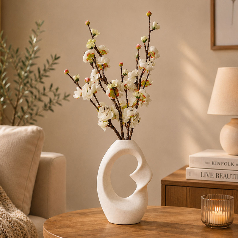 Blossom Arc Plum Artificial Flower Stick (White) - Set of Two