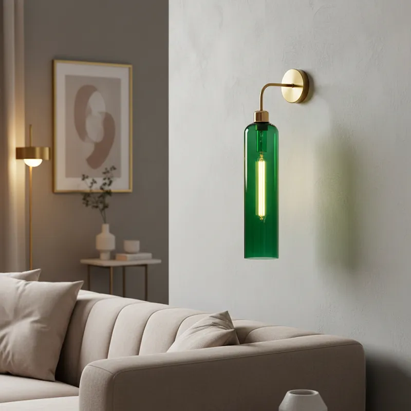 Green cylindrical wall lamp with gold-toned arm above a sofa