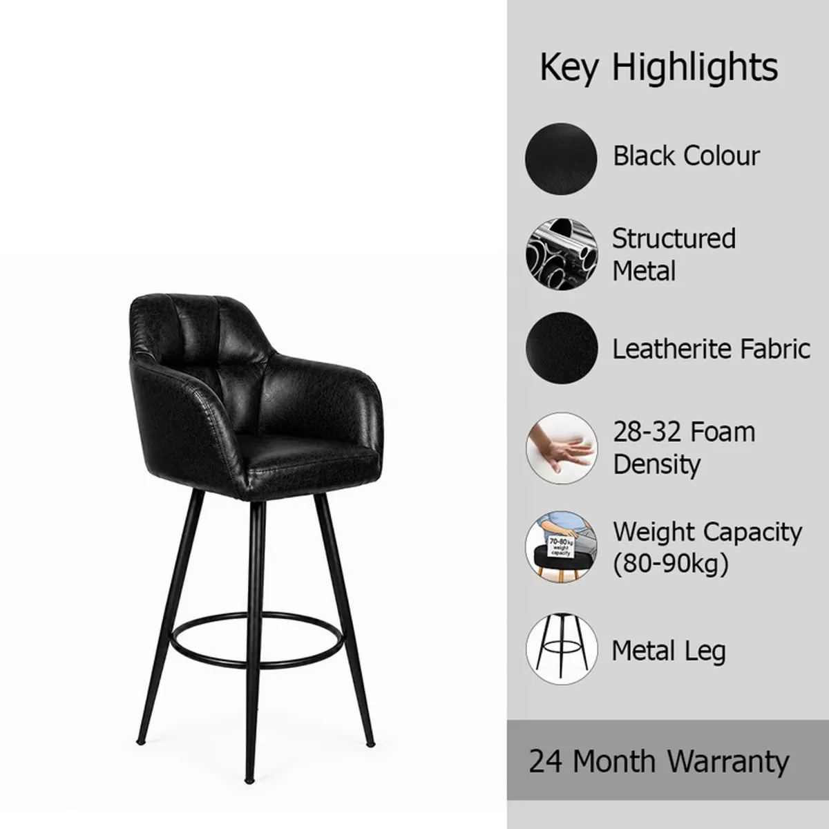 Black bar chair with highlighted material and construction details