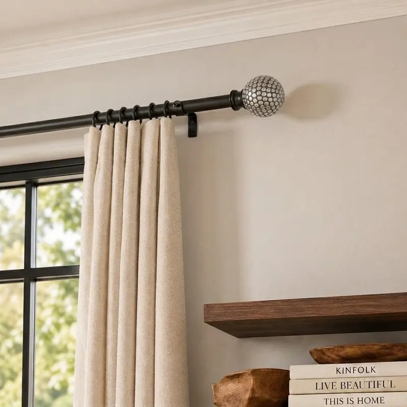 RodEase Extendable Curtain Rod with Silver Stud Ball Finial & Brackets - Black - M