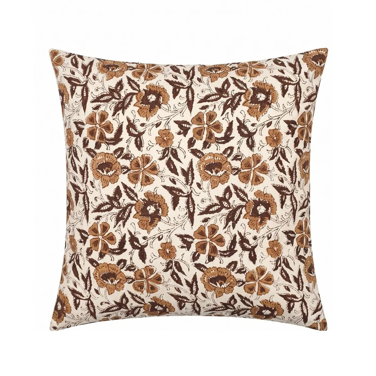 Front view of square white cushion cover with brown floral block print