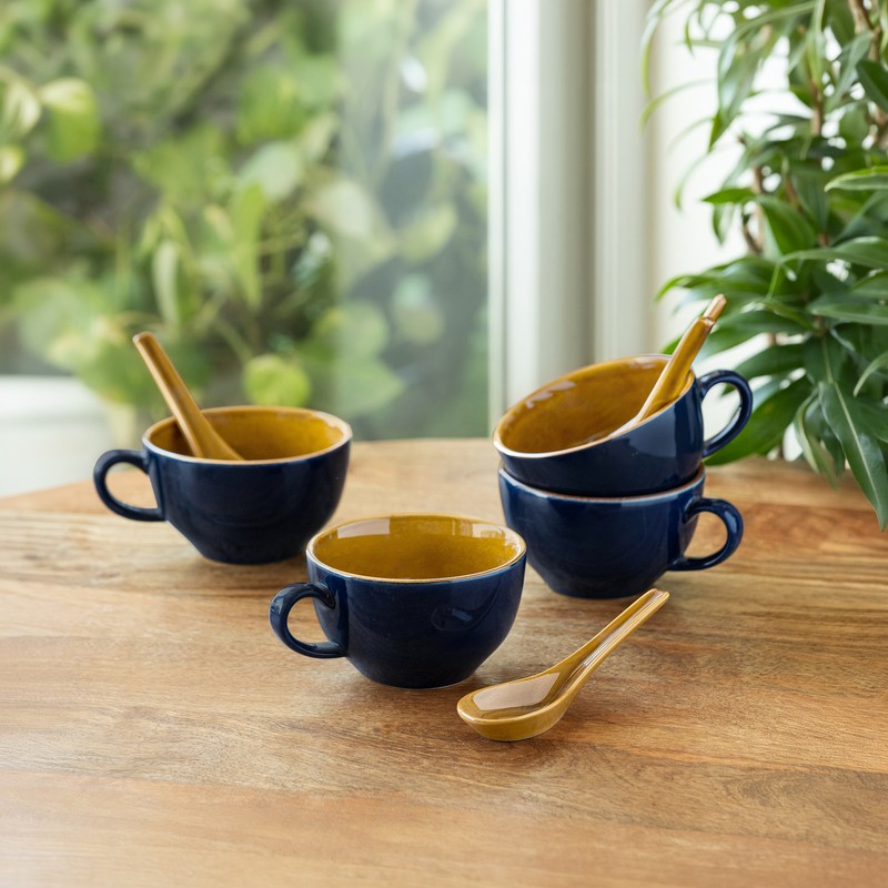 Mariana Blues Ceramic Soup Bowls With Spoons (320 mL Each) - Set of Four - 320 mL