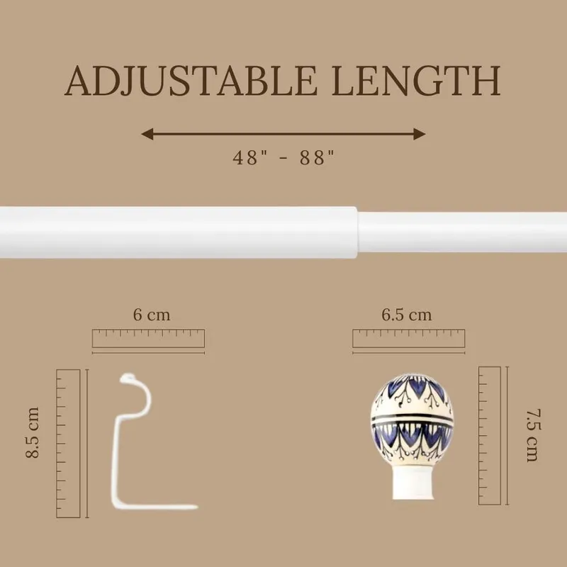 Extendable white curtain rod with round finial shown in a size graphic