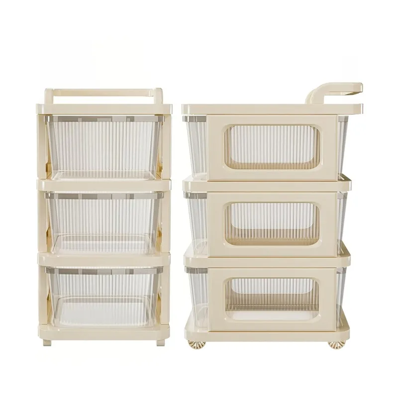 Front and side views of a white three-tier rack with transparent drawers