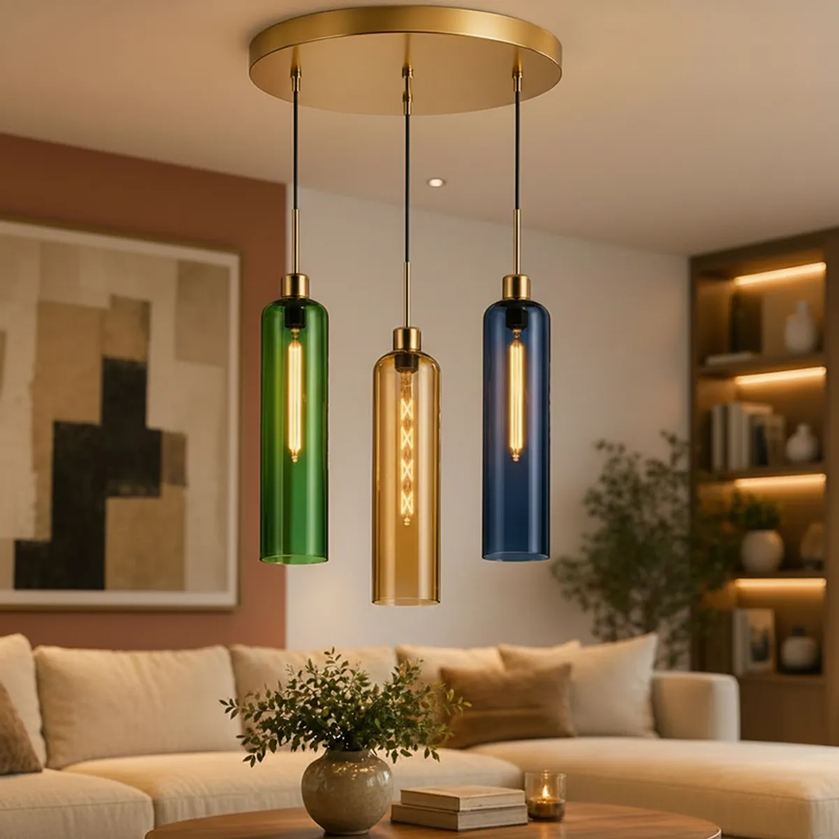 Three-light glass ceiling lamp with green, amber and blue shades in a living room