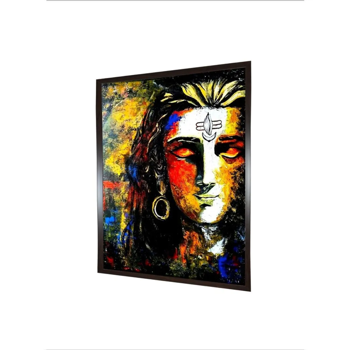 Angled view of the framed Shiva canvas wall painting