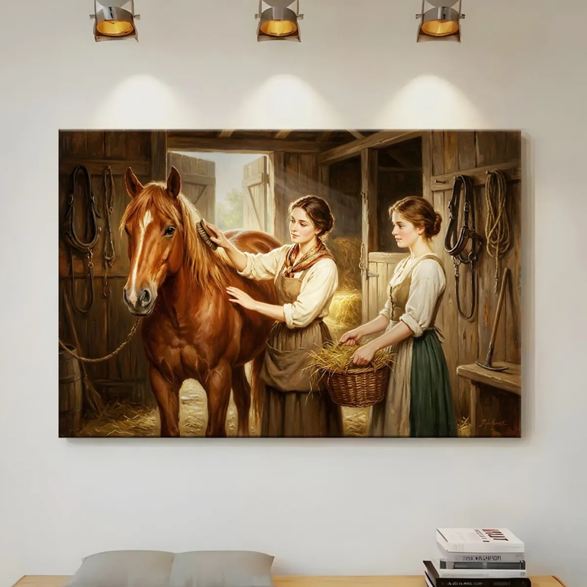 Gallery-wrapped canvas artwork showing a horse and two women under warm lighting