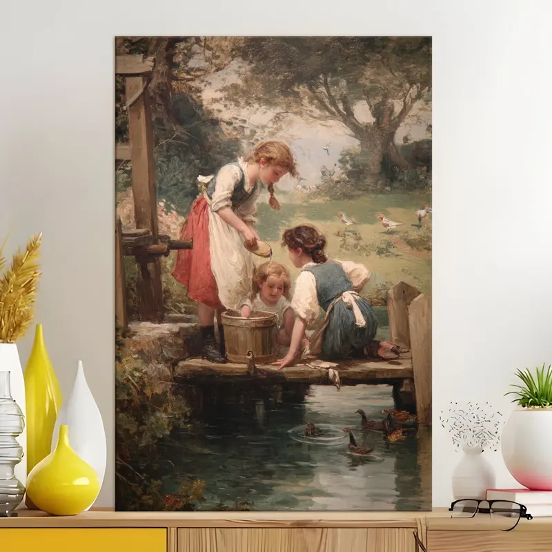 Riverside Childhood Moments Canvas Wall Painting