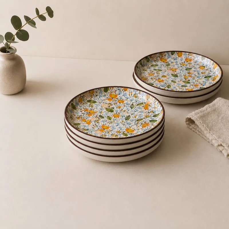 Six ceramic dinner plates with multicolour botanical pattern and brown rim