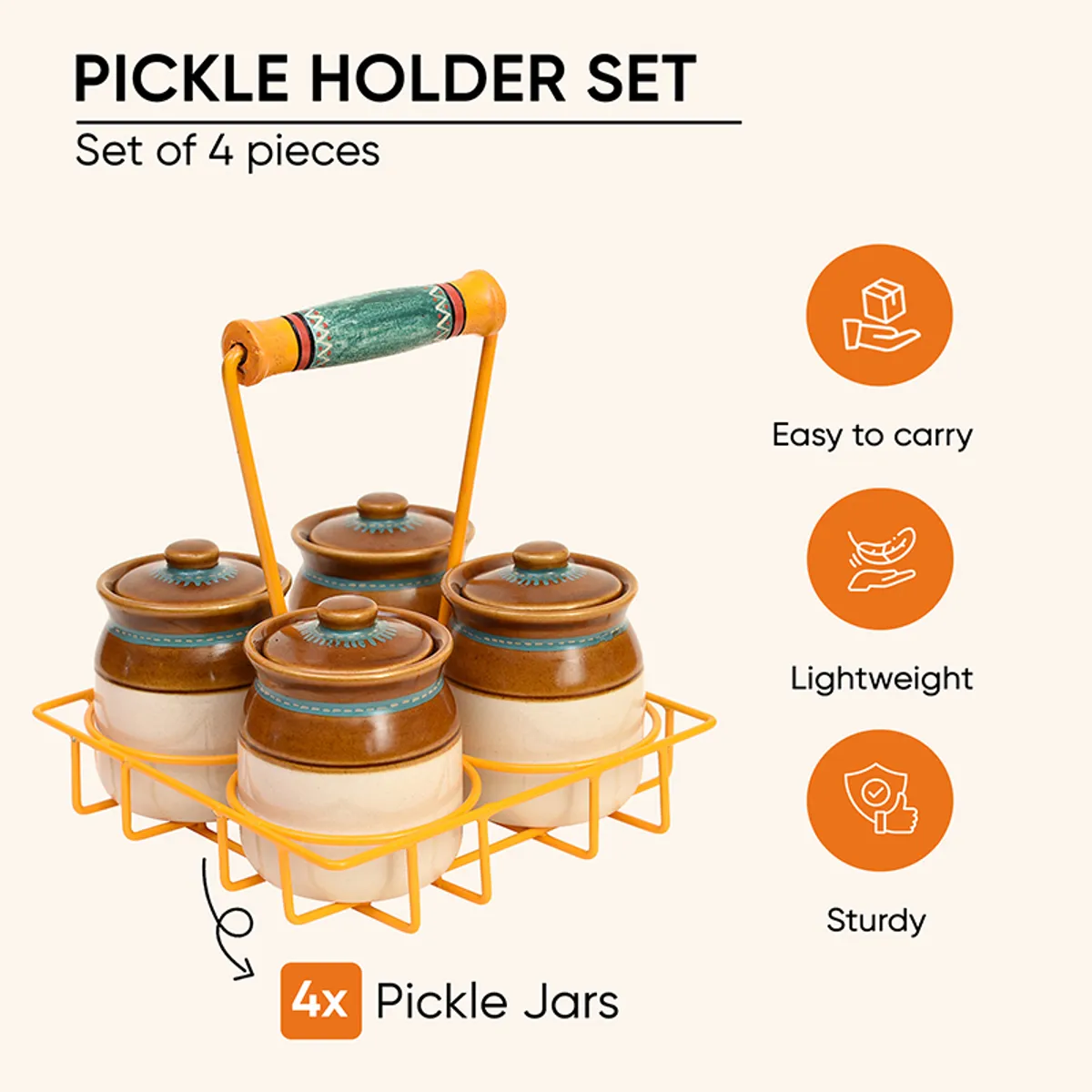 Four-piece pickle jar arrangement in a yellow stand with a carry handle