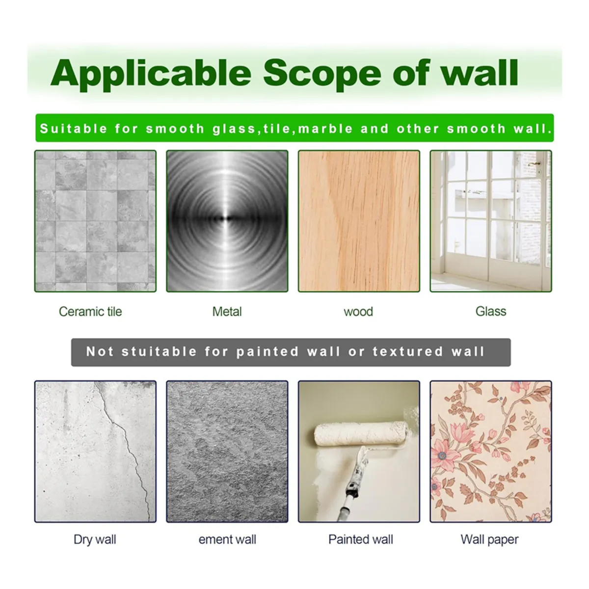 Shell-shaped wall hooks shown on tile, metal, wood and glass surfaces