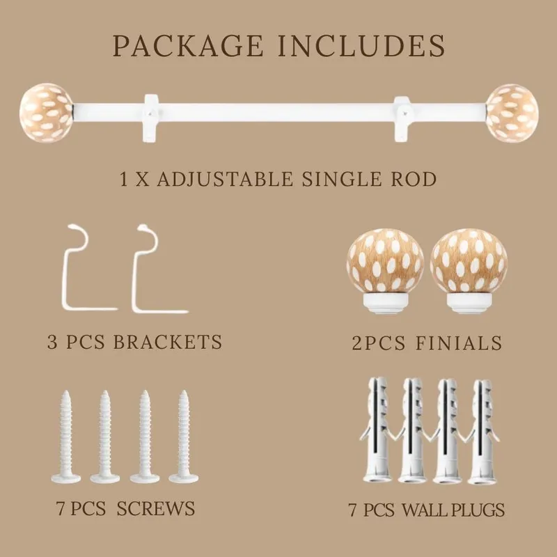 Curtain rod displayed with round finials, brackets, screws and wall plugs