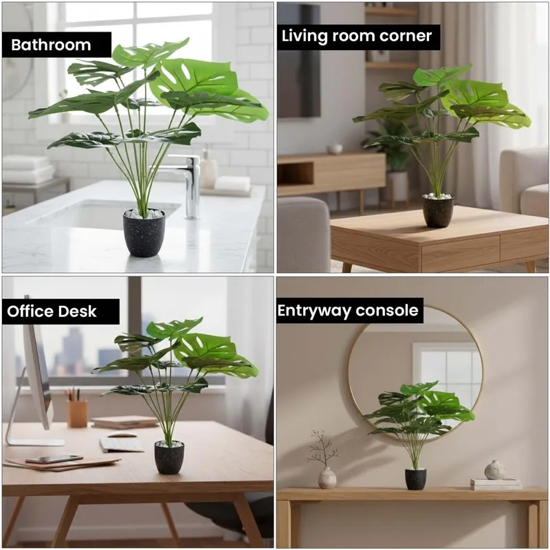 Artificial Monstera plant shown in a bathroom, living room, office and entryway.