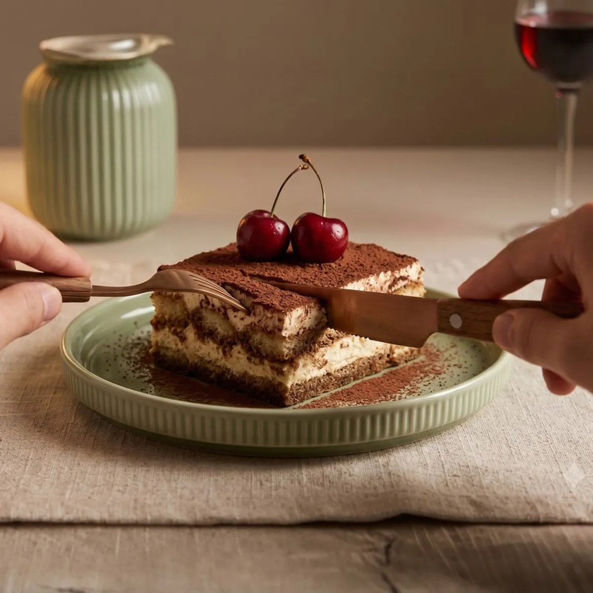 Sage green ribbed plate holding a slice of dessert on a table setting