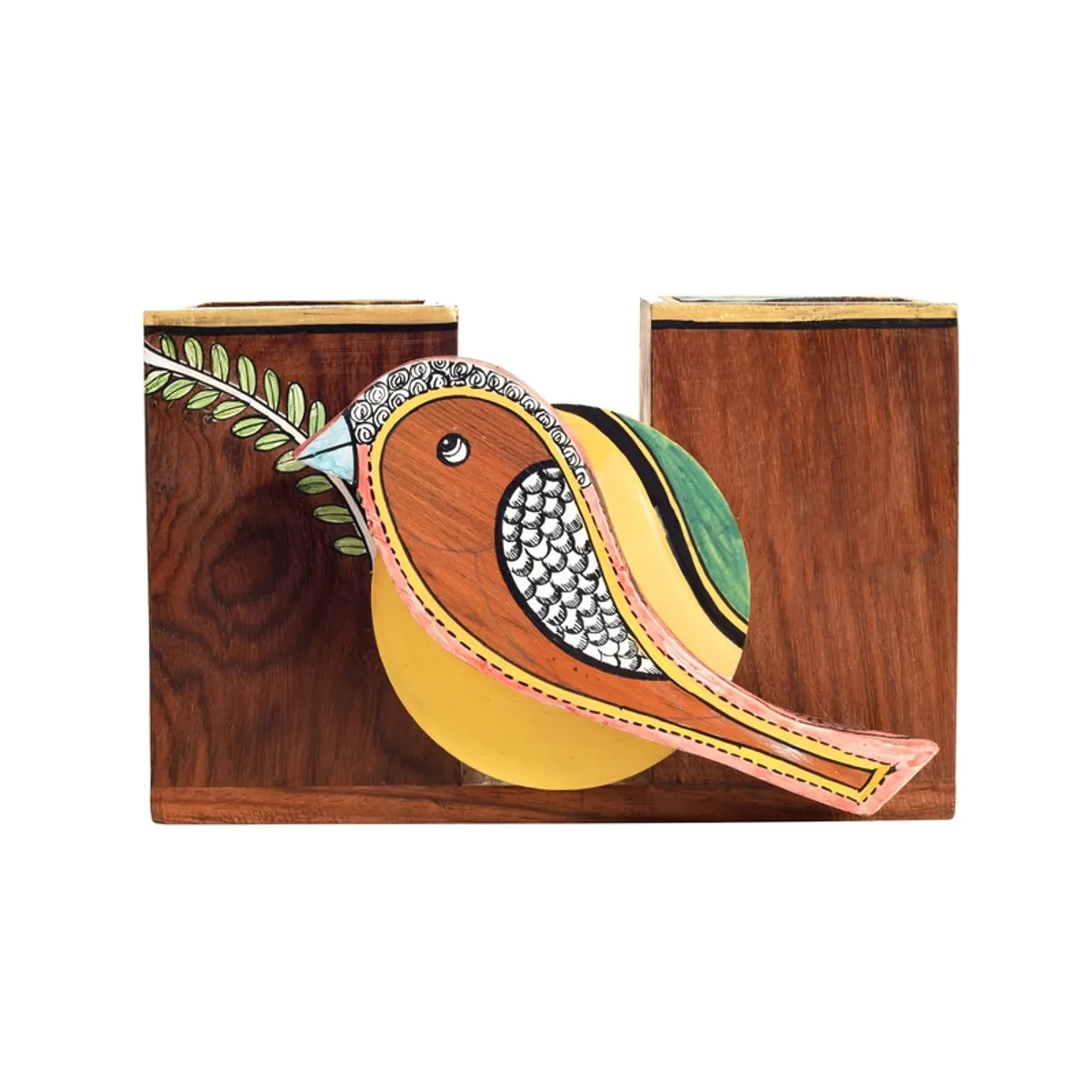 Close-up view of the brown wooden holder and colourful sparrow design.