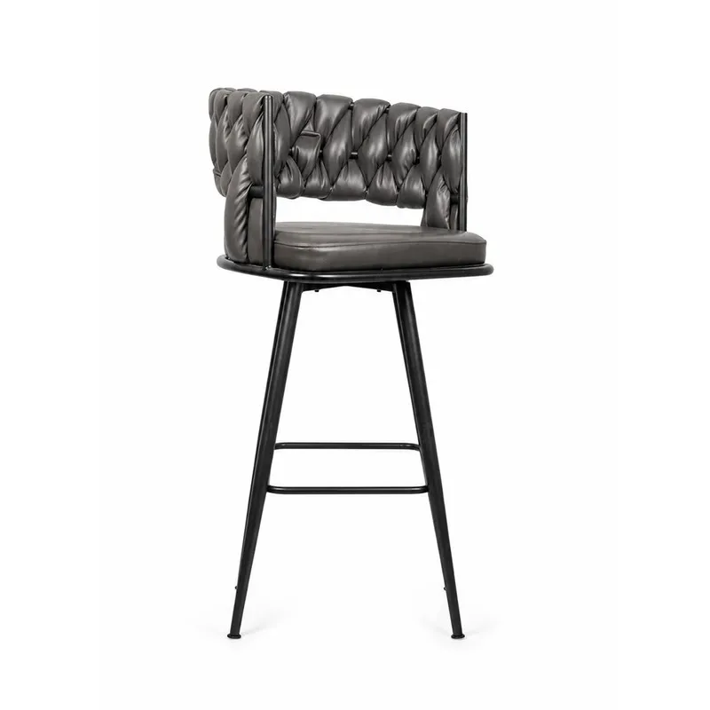 Three-quarter view of a dark grey bar stool with a padded seat and textured back.